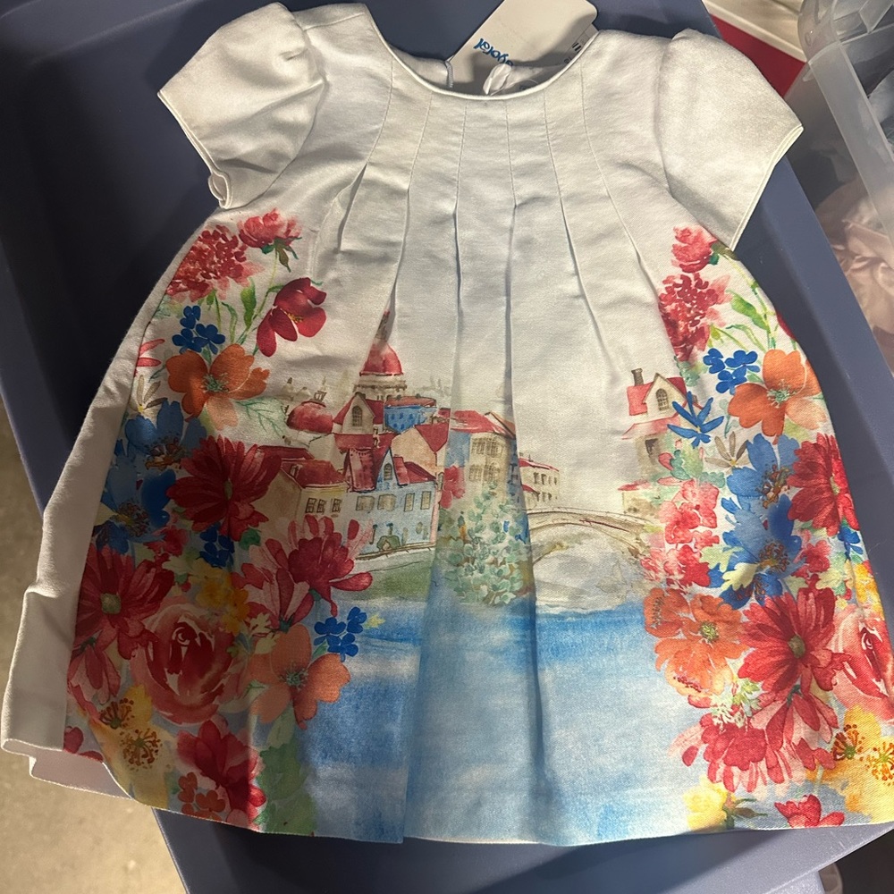 Mayoral Multicolored A-Line Dress with Puff Cap Sleeves